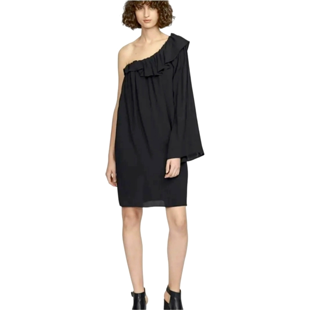 French Connection Evening Dew One Shoulder Ruffle Dress, Size 2, Black NWT
